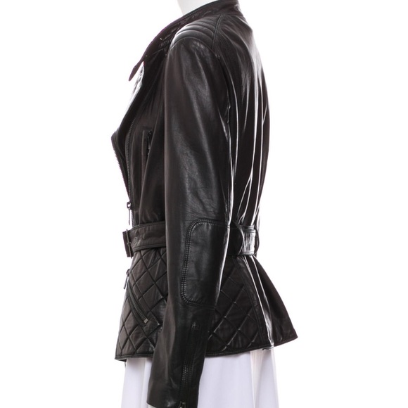 Burberry Biker Jacket Black Leather Quilted Belted Lambskin Moto Check - Picture 3 of 7